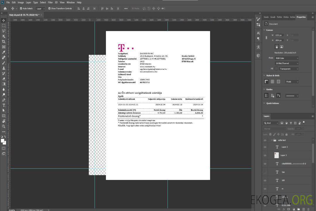 Modèle de facture de services publics hongrois Magyartel aux formats Word et PDF, entièrement modifiable template